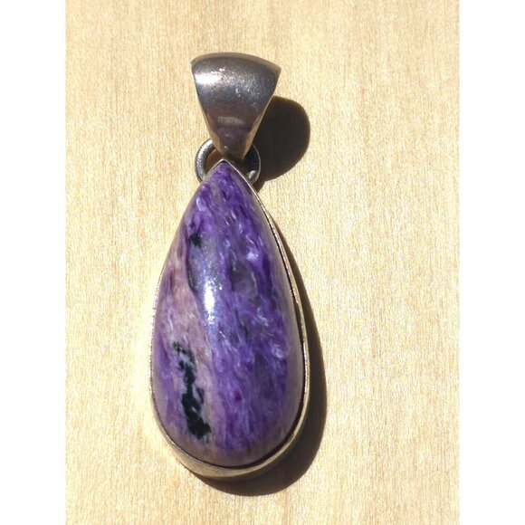 Sterling Silver 925 Teardrop Pendant With Purple Charoite Gemstone - Picture 2 of 7